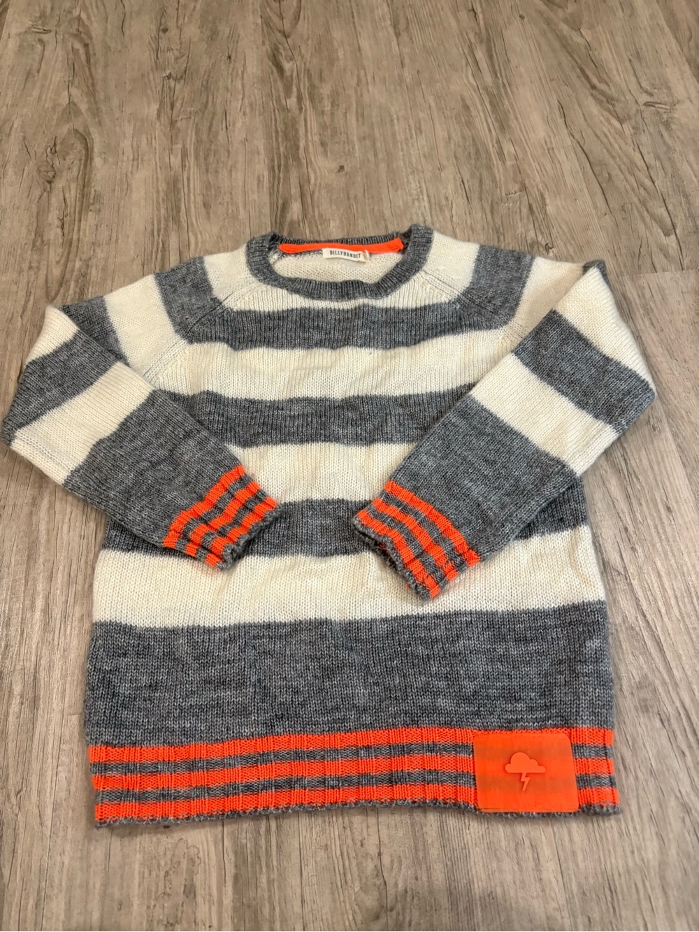 Billybandit Boys Striped Knit Sweater Size 6 Grey/Cream Neon Orange Designer